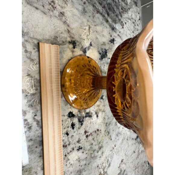 Vitg Fenton Amber Opalescent Glass Compote Candy Dish Cameo Eye & Scroll Design - Picture 9 of 12